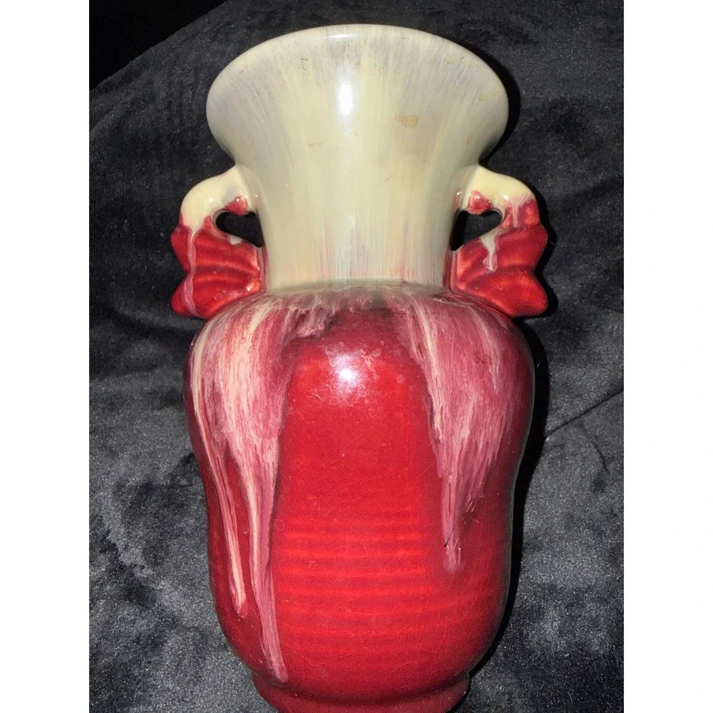 Vintage West German Pottery Drip Glaze Double Handled Vase Red Cream 8.5 Inch